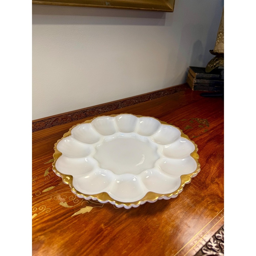 Vintage Milk Glass Deviled Egg Platter • Scalloped Gold Trim Serving Tray